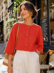 Sweaters For Women Fall Knit Crop Short Sleeve Cardigan Spring Autumn Office Outfits For Women Beige Button Crochet Elegant Tops For Women - Red - View 2