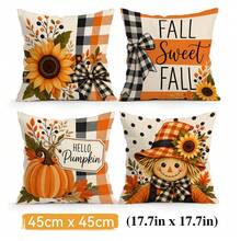 4 Stück Herbst-Kariert-Kürbis-Themen-Muster einseitig bedruckte Kissenbezüge/Kissenbezüge, Multi-Szenen-Atmosphären-Dekoration Kissenbezüge geeignet für Wohnzimmer, Sofa, Schlafzimmer, Kissenfüllungen nicht enthalten - Verschiedenfarbig - Übersicht 12