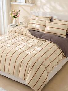 Set Sarung Selimut 2/3 Potong, Tekstil Rumah, Gaya Minimalis, Garis-garis Beige dan Cokelat, Set Perlengkapan Tidur Nyaman dan Bernapas, Lembut dan Anti-Pilling, Tanpa Isian Selimut, Cocok untuk Semua Ukuran Kasur, Dapat Digunakan Sepanjang Musim, Dekorasi Dalam Ruangan - MultiWarna - View 7