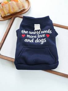 PETCIRCLE 1件裝寵物衣服 小狗幼犬貓用 可愛寵物秋冬款 簡約純色百搭 防風保暖 字母刺繡 Love & Dog 運動衫－海軍藍 - 彩色 - 查看 4