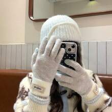 Korean Style Autumn/Winter Warm Knitted Gloves For Women, Touchscreen Compatible, Colorblock Knitted Yarn, Thickened, Five-Finger Gloves For Cycling And Students - Multicolor - View 10
