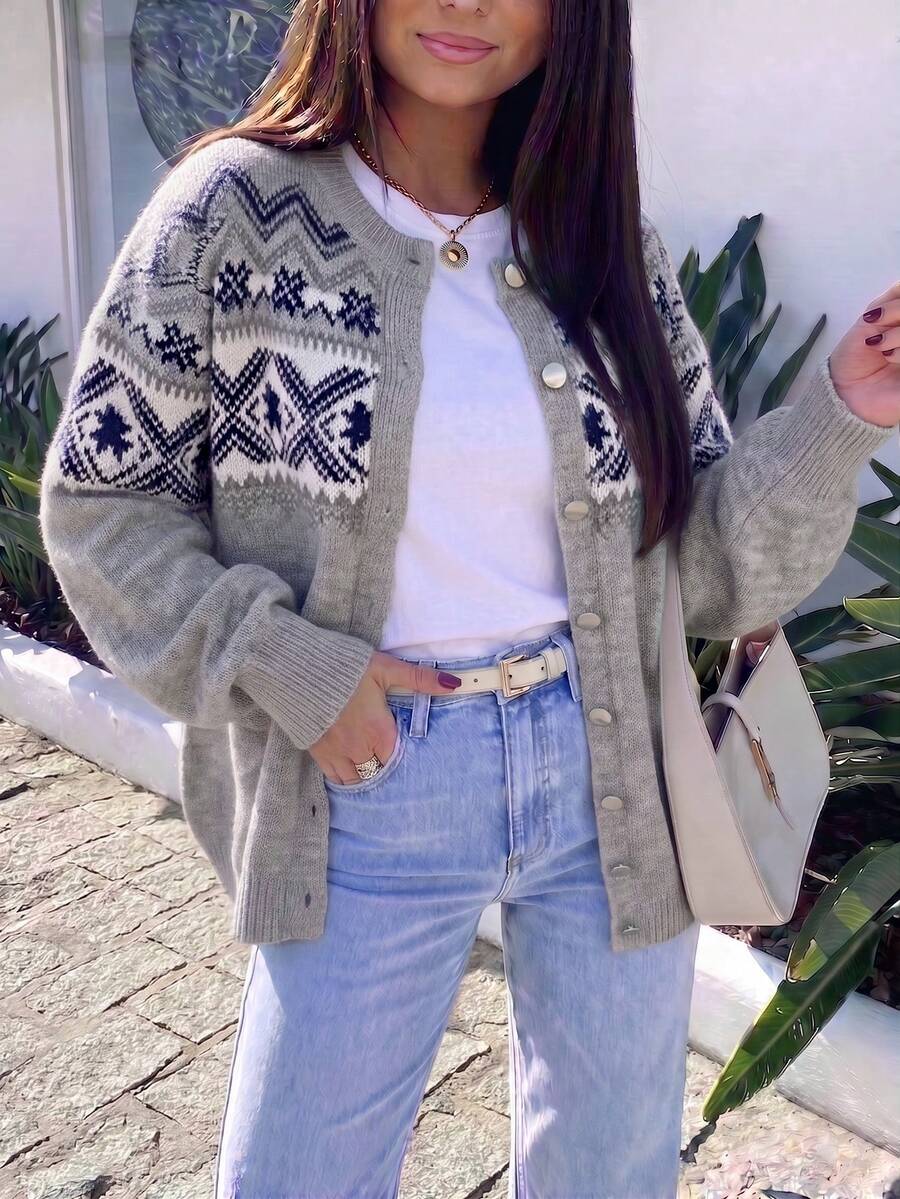 Women's Plus Size Fair Isle Pattern Knit Button Cardigan Long Sleeve Casual Sweater, Fashionable Outerwear Fall - Grey - View 1