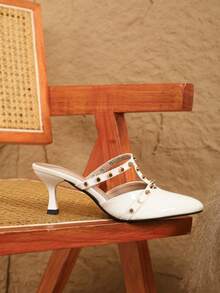 Elegant Studded Glossy PU Women Heeled Mules, 6.5cm Kitten Heel Pointed Toe Slip On Sandals For Summer Street Party - White - View 3