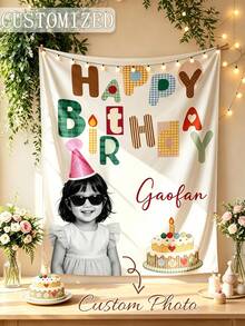Birthday Banner Background Wall, Customizable Name/Text And Photo Tapestry, Hand-Painted Happy Birthday Sign, Suitable For Party Decoration, Photo Backdrop, Fabric Decor - Multicolor - View 2