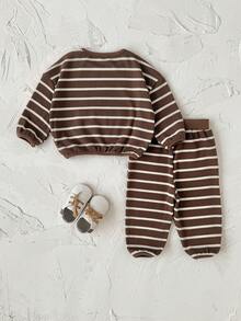 2Pcs/Set Baby Girls Brown & White Striped Waffle Long Sleeve Set, Loose Pocket Top & Cuffed Pants Casual Two Pieces Outfit - Brown - View 7