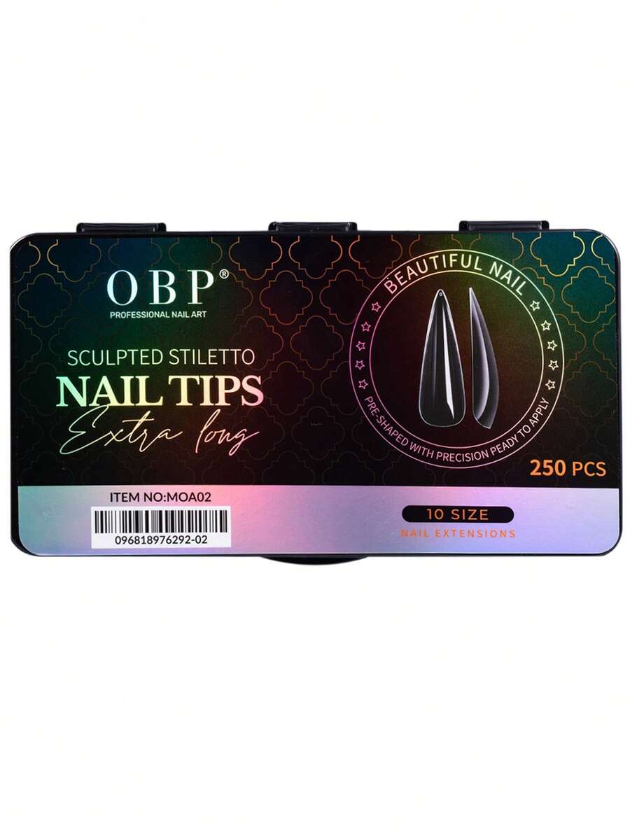 OBP C & G OBP Tips para Uñas Extra Largas 250 Piezas, 10 Tamaños, Uñas Postizas Transparentes Preformadas, Punta Stiletto, Coffin o Square, Extensión de Uñas para Gel UV, Acrílico, Polygel y Manicure Profesional - Stiletto Extra Largo (MOA-02) - Ver 1