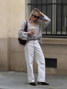FOR BEAUTY Fall Winter Women Knit Tops Y2K Chic Grey V Neck Loose Pullover Sweaters Basic Business Casual Office Workwear Going Out Outfits - Light Gray - View 5