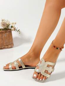 Ximi Ruo Wide Fit Rhinestone Embellished Comfortable Women's Sandals, Korean Style Casual Flat Slip-On Shoes, Open Toe Woven Roman Sandals, Summer Spring Autumn New Fashion French Style Women's Shoes, Brown Flat Sandals For Beach, Apartment, Outdoor, Casual TPU - Asaki - View 7