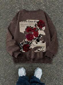 Vintage Streetwear Boy's Sweatshirt, Torn Newspaper & Red Rose Front And Back Print, Washed Style, Autumn/Winter Campus Top - Brown - View 3