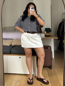 Yuu 大尺碼女款短袖上衣，舒適修身休閒圓領針織開襟衫，優雅套頭毛衣外套，適合夏季 - 灰色 - 查看 9