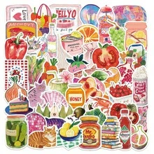50pcs Watercolor Aesthetic Fun Doodle Stickers, Including Fruit, Bread And Beverage Elements, Mediterranean Style Gift Decoration Scrapbook, Vinyl Stickers Suitable For School Supplies, Laptop, Skateboard, Diary, Phone, Water Bottle, Guitar, Luggage And More - Multicolor (B) - View 8