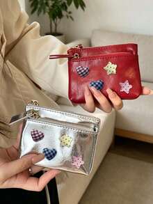 Cute Women Zipper Coin Purse,Y2k Heart Star Decorations,Double Zipper PU Wallet,Portable Key Card, Lipstick Holder,Daily Change Pouch,For Women Girl - Multicolor - View 2