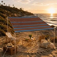 1pc Blue & Orange Striped Nautical Style Large Sun Shade Canopy, UV Protection, Sturdy & Durable, Easy Installation, Suitable For Beach, Garden, Patio, Includes Rope - Multicolor - View 8
