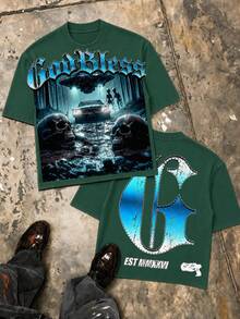 Double Sided UFO Alien Graphic T-Shirt, Oversized Y2K Casual Summer Streetwear Top For Men, Father Day Holiday Gift - 森林綠 - 查看 11