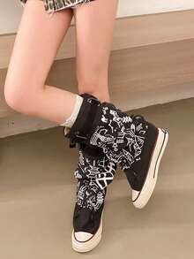 Fall/Winter Women's Round Toe Thick Sole Flat Ankle Boots, Casual Canvas Ankle Boots For Spring & Autumn, Boots For Women Sports Lace-Up Buckle Home - Black - View 2