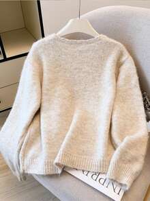 Women's Round Neck Knit Cardigan Sweater Jacket, Loose Fit, New Autumn/Winter Outerwear Top - Floral Apricot - View 3