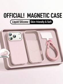 2pcs Liquid Silicone Magnetic Phone Case + Short Lanyard, Compatible With IPhone 17 Pro Max 16 15 14 13 12 11 Pro Max Plus 17 Air, AI Button Lanyard, Couple Style Unisex - Pink - View 2