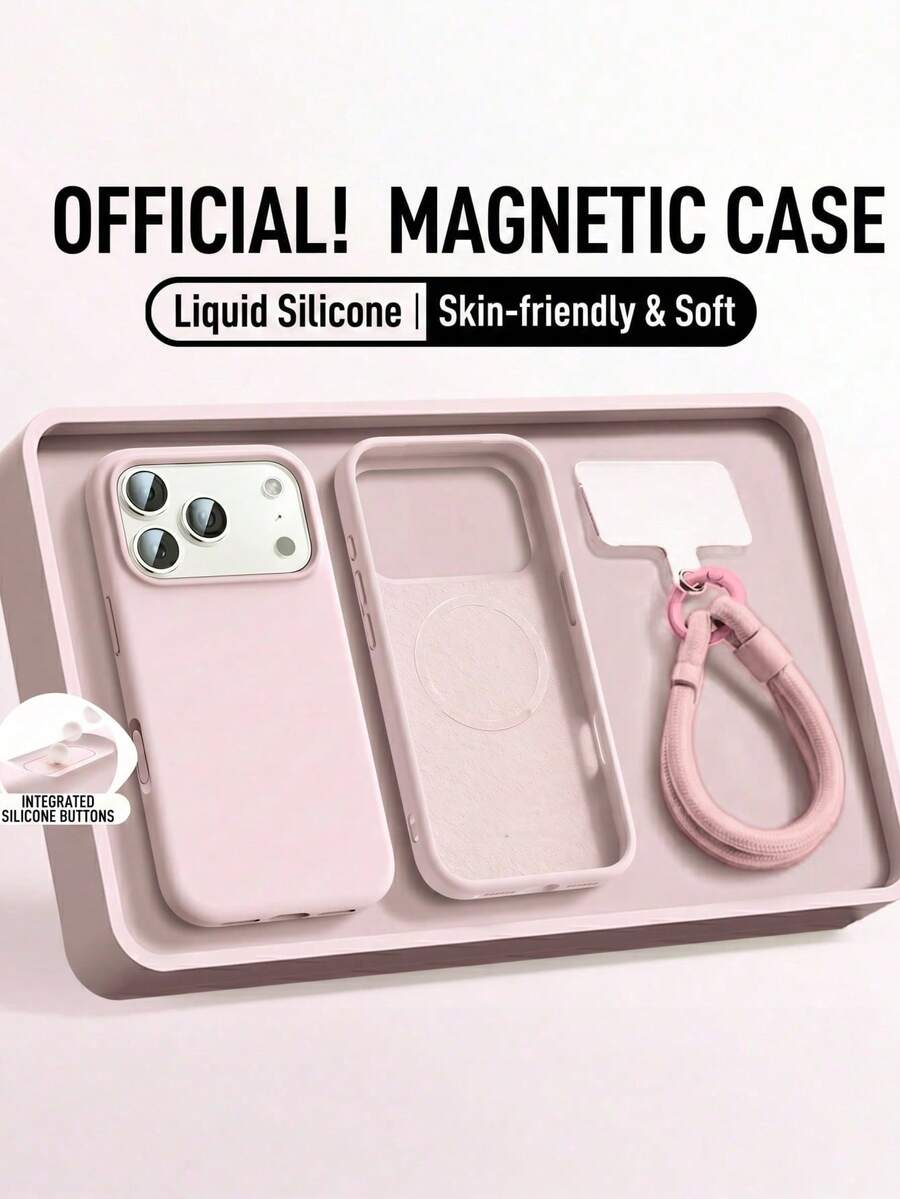 2pcs Liquid Silicone Magnetic Phone Case + Short Lanyard, Compatible With IPhone 17 Pro Max 16 15 14 13 12 11 Pro Max Plus 17 Air, AI Button Lanyard, Couple Style Unisex