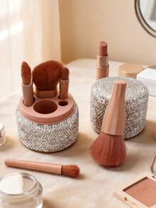 1 Set Rhinestone-Encrusted Cylindrical Makeup Brush Holder, Full Rhinestone Sparkling Craftsmanship Surface With Exquisite Pink Inner Lid Design, Large Capacity To Store Makeup Brushes, Foundation Brushes, Eyeshadow Brushes, Blush Brushes And Other Makeup Tools, Also Suitable For Lipsticks, Eyelash Curlers And Other Cosmetic Tools, Perfect For Vanity, Makeup Table, Bathroom Countertop And Bedroom Desk - Pink - View 2