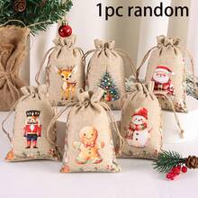1/6/12/24pcs Festive Christmas Jute Burlap Gift Bags With Drawstring Closure - Watercolor Santa, Snowman, Nutcracker, Gingerbread For Man & Reindeer Designs, Rustic Linen Fabric For Holiday Party Favors, Treat Bags, Jewelry Storage & Xmas Decorations - Multicolor - View 13