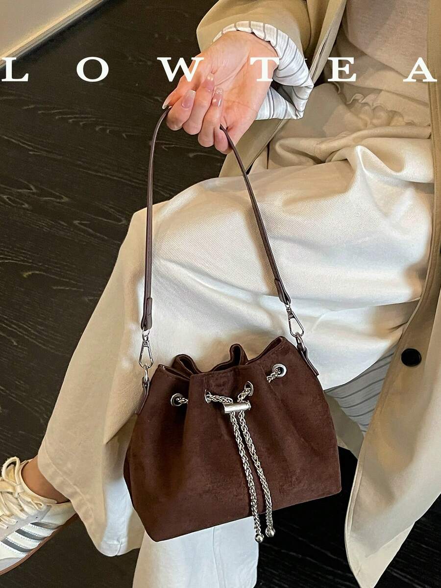 low tea 1pc Solid Color PU Portable Drawstring Closure Fashion Crossbody Bag With Polka Dot Print, Suitable For Women's Daily Use