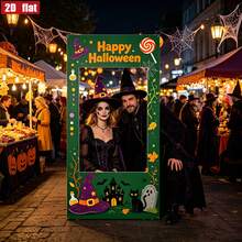 Banner Datar 2D, 1 buah Banner Bingkai Foto Selfie Halloween Vertikal, Tulisan Selamat Halloween, Topi Penyihir, Kastil, Hantu, Cocok untuk Dekorasi Teras, Acara Bertema Kafe - A - View 3