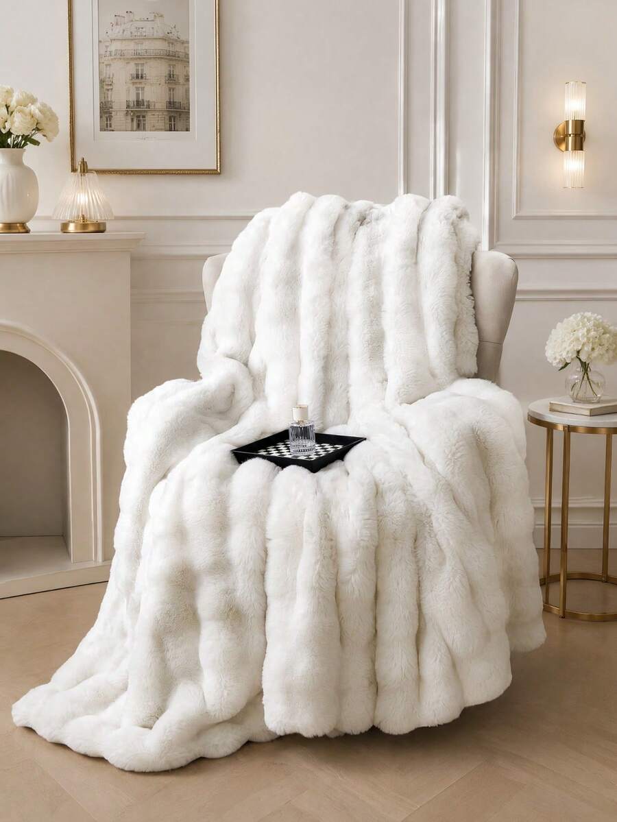 1pc White Faux Fur Blanket, Soft & Warm, Luxury Style, Multi-Purpose Throw, Easy Care, Lightweight & Versatile, Fluffy Long Pile Bed Blanket, Soft Dorm Blanket For Back To School - Beige - View 1