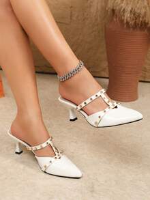 Elegant Studded Glossy PU Women Heeled Mules, 6.5cm Kitten Heel Pointed Toe Slip On Sandals For Summer Street Party - White - View 2