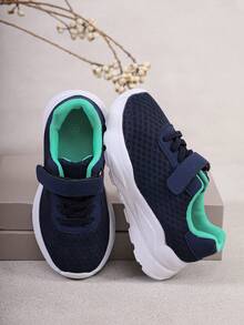 Minimalist Sporty Kids Running Training Casual Shoes, Navy Blue Breathable Mesh, Hook And Loop Strap, Round Toe Thick Sole, Suitable For Daily School Wear - Navy Blue - View 6