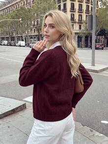 Nicenter Women's Fall Winter Burgundy Cozy Crew Neck Button Front Wool Blend Cardigan Sweater, Elegant Casual Simple For Office Daily Home Date - Burgundy - View 8