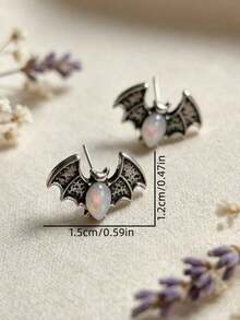 1 Pair Vintage Punk Style Bat Design Oval Faux Opal Stud Earrings, Suitable For Women's Halloween, Party, Travel Jewelry Gift - Antique Silver - View 2
