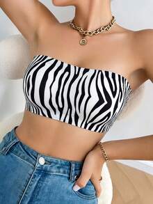 1pc Zebra Stripe Non-Slip Strapless Bandeau Bra With Side Support Anti-Slip Underwear For Women - Black - View 4