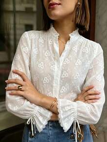 Women's White Embroidered Semi-Sheer Stand Collar Shirt With Ruffle Trim And Lace Cuffs, Button Front Long Sleeve Blouse For Fall Outfits - White - View 10