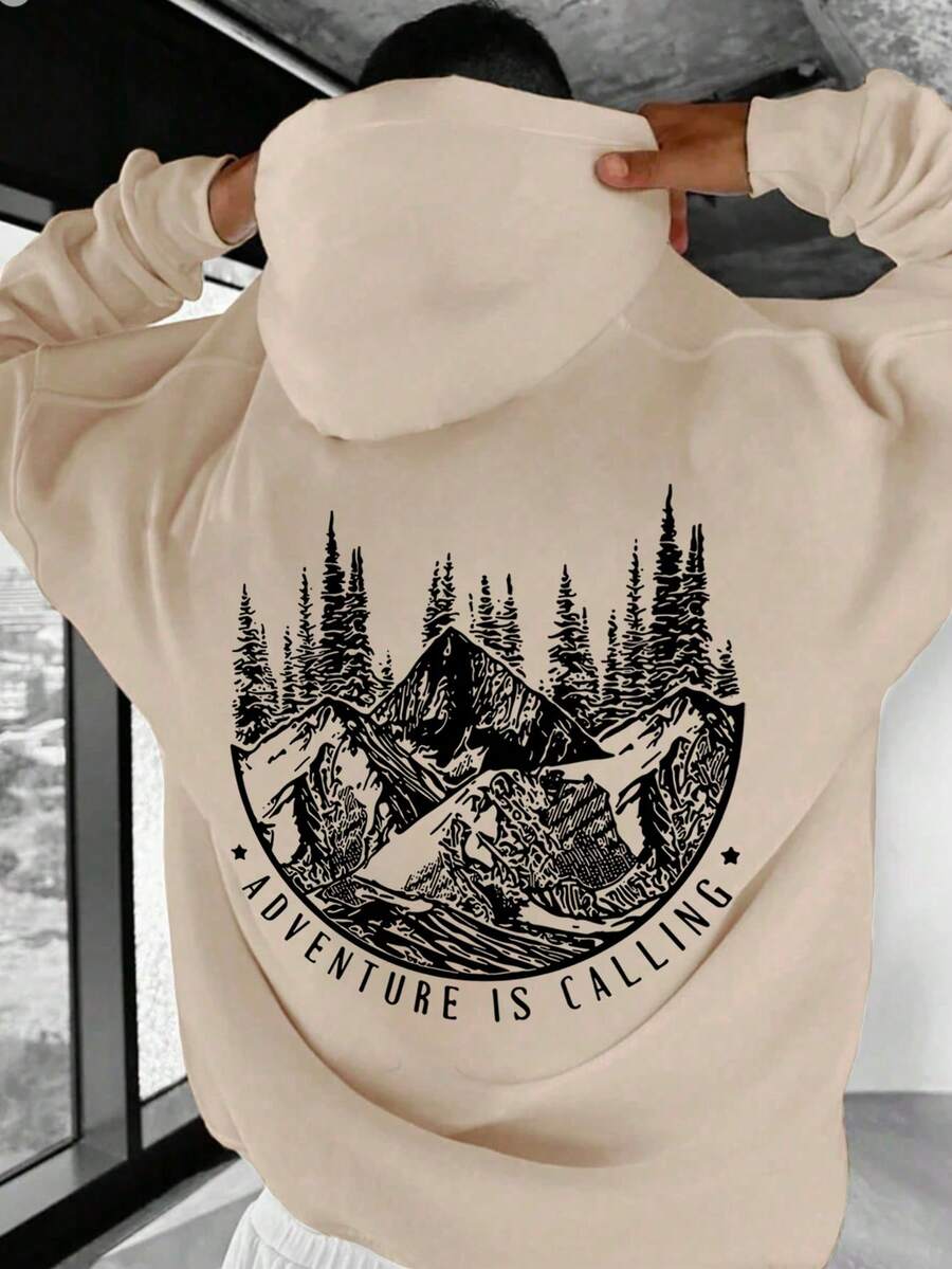 Men's Autumn/Winter Fashionable Versatile Wild Bloom Landscape Artwork Mountain & Forest Print Drawstring Pocket Hoodie Sweatshirt - Apricot - View 1