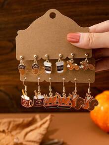 6 Pairs Fall Dangle Earrings Set For Women Cute Squirrel Coffee Cup Acorn Turkey Drop Earrings Autumn Thanksgiving Fashion Jewelry Gifts - Squirrel and Turkey Earring Set - View 1