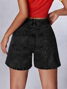 Teen Girls' Casual Black Button Pocket Denim Shorts - Black - View 2