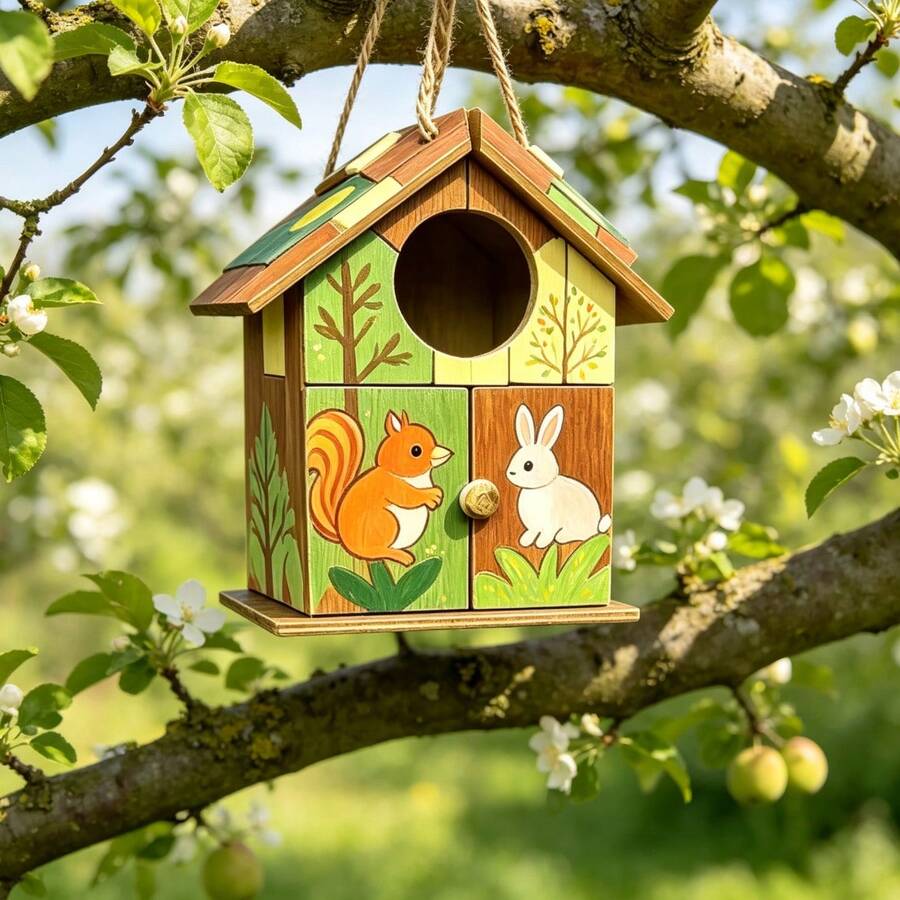 Hand Painted Squirrel & Rabbit Wooden Bird House, Cute Cartoon Forest Animal Hanging Bird Nest Box, Weatherproof Decorative Birdhouse For Backyard Garden Patio Tree Ornament - A - View 1