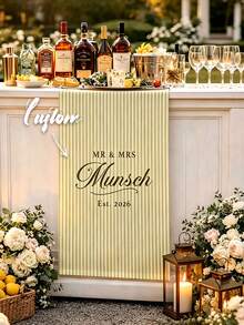 Customized Wedding Welcome, Wedding Tablecloth, Personalized Linen Striped Bar Event Signage, Bar Event Banner, Can Customize Name And Date, Wedding Gift, Welcome Gift, Mother's Day Gift, Anniversary, Party Decorations - Multicolor - View 8