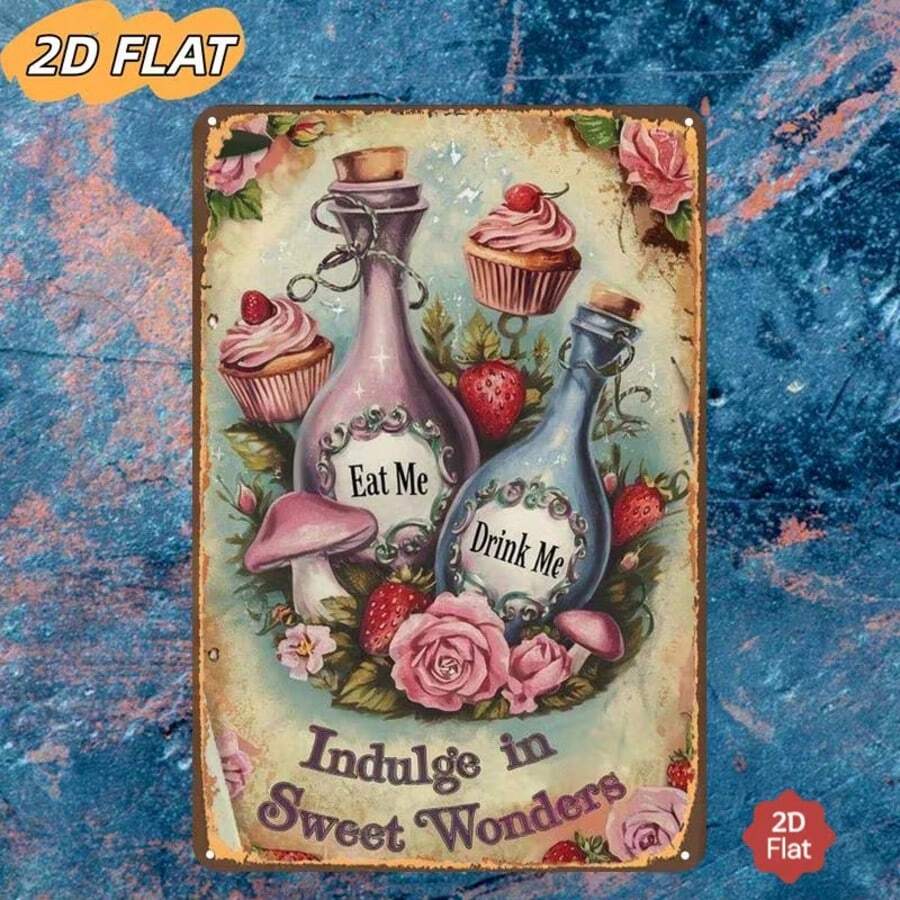 1件 2D平面金屬裝飾牌 Sweet Wonderland：Eat Me, Drink Me，適用於房間/餐廳/酒吧/門/車庫裝飾 - B - 查看 1