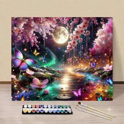 Uso de arte profesional, adecuado para principiantes adultos, juego de pintura al óleo digital - Pintura al óleo de mariposa y flor de ciruelo, con lienzo prenumerado, incluye pinturas, arte DIY, pintura de decoración de pared de 16x20 pulgadas, regalo para adultos, sin marco necesario