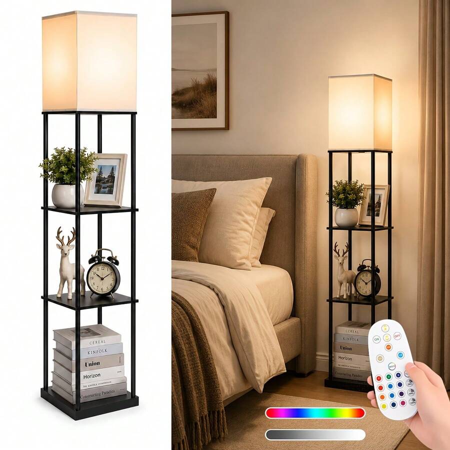 Wireless Floor Lamp With Stand, Modern Square Standing Lamp, With Remote Control RGB Warm Light Bulb, Corner Display Bookshelf Light For Living Room, Bedroom And Office (Black) - Black - View 1