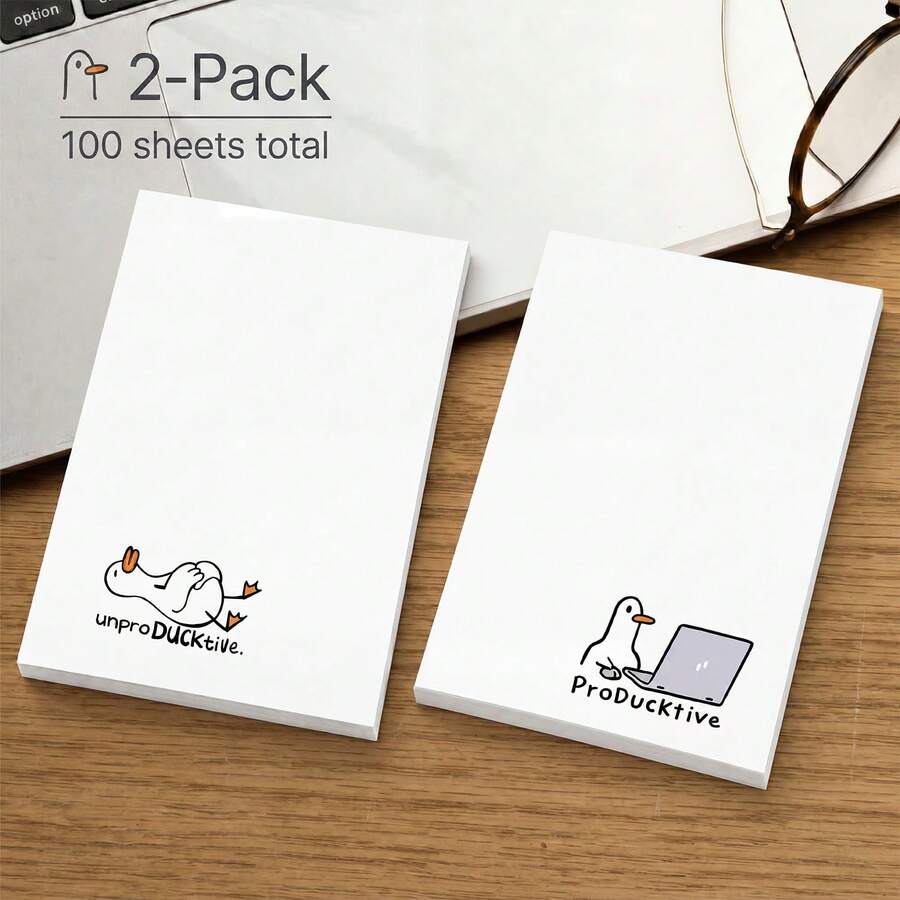 2 Packs 100 Sheets Funny Duck Sticky Notes, Minimalist Cute Self-Adhesive Blank Memo Pads, Desktop Reminder Notes, Office School Home Stationery Supplies - 70x100mm - View 1