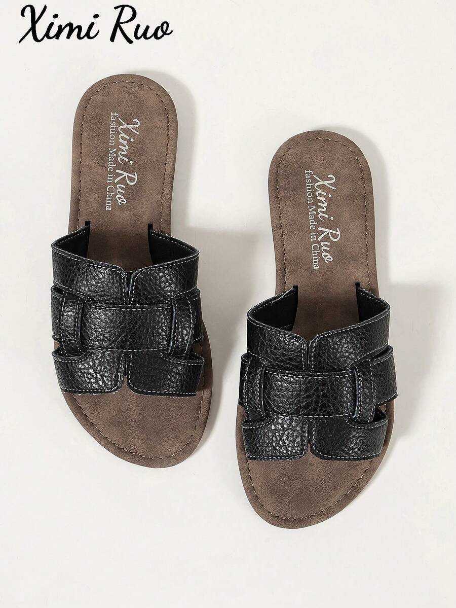 Ximi Ruo Women's Korean Style Casual Flat Sandals Slippers, Open Toe Woven Roman Sandals, Summer Spring Autumn New Fashion French Style Shoes For Outdoor Wear, Beach, Apartment, Matching With Skirts, Flat Women's Shoes - Black - View 1