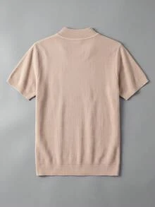Men's Solid Color Wavy Texture Mock Neck Knit Short Sleeve Slim Fit Crew Neck T-Shirt, Summer Commute Casual Top - Camel - View 7