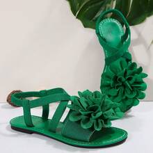 New Fashion Large Flower Cross Elastic Strap Flat Sandals For Women, Bohemian Vacation Travel Photography Back Strap Fairy Open Toe Shoes - Green - View 6