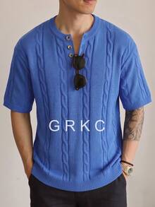 GRKC Spring/Summer Men's Neutral Casual Loose Minimalist Twisted Rope Pattern Versatile Business Commute Vacation Elegant Solid Color Round Neck Knit Top Button Half-Open Placket Pullover Short Sleeve T-Shirt Knit Sweater - Blue - View 4