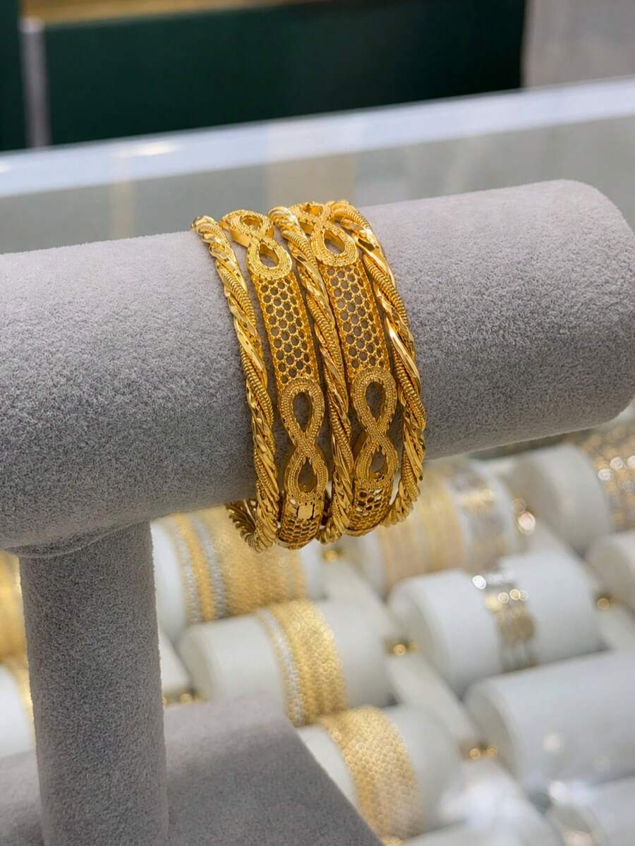 5pcs Set Dubai Luxury Style Non-Fading 21K Gold Plated 8-Figure Pattern Hollow Mesh Bracelet Women's Evening Party Jewelry Gift - Yellow Gold - View 1