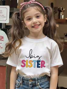 Girls Big Sister Colorful Letter Print Short Sleeve T-Shirt Crew Neck White Top - White - View 3