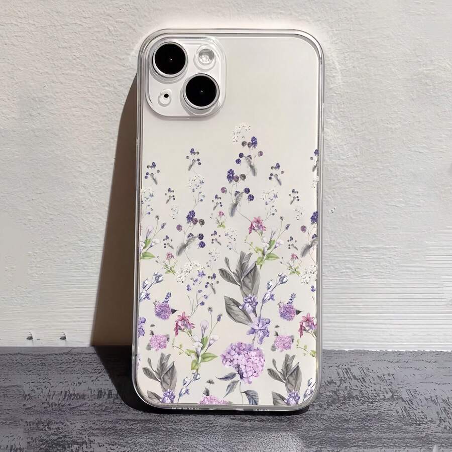 1pc Fashion Creative Full Screen Purple Floral Leaf Pattern High Transparency Phone Case, Anti-Drop Anti-Scratch Anti-Fingerprint Transparent TPU Soft Shell, Camera Lens Protection Compatible With Apple, Nothing, Pixel, Protective Cover - Multicolor - View 1