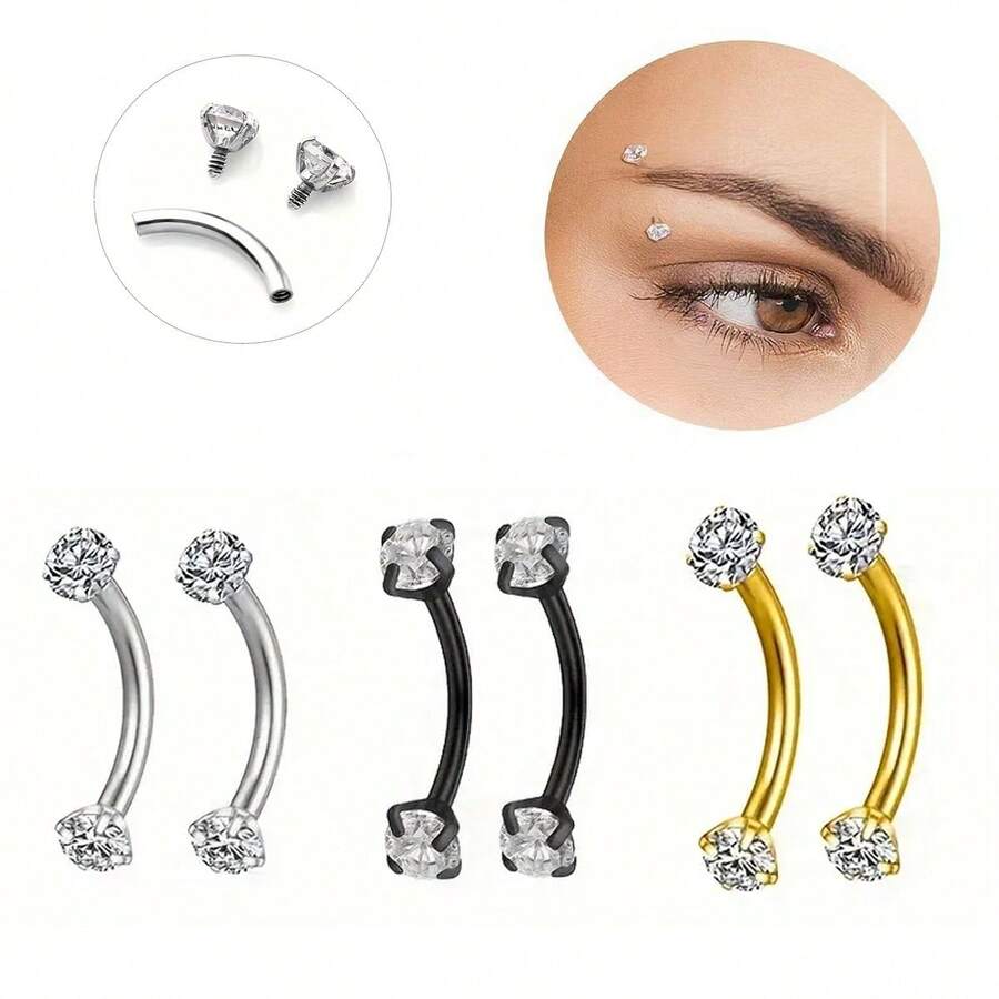 2PCS 16G Clear Cubic Zirconia Internally Thread Curved Barbell Eyebrow Tragus Rings Barbell Body Piercing Jewelry Set - Eyebrow Nail - View 1